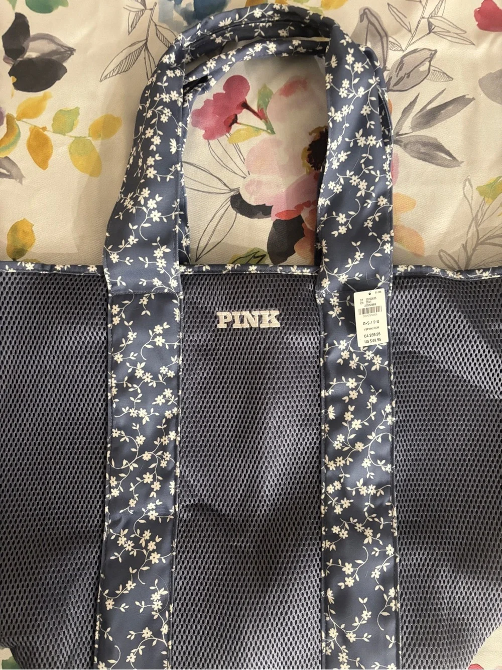 PINK Victoria's Secret Navy Floral Mesh Tote